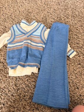 Vintage Cream and Blue Striped Knit Vest with Brown Accents